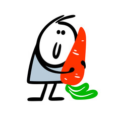 Stickman holds, hugs a big carrot from the new crop. Vector illustration of cartoon farmer and vegetables from the garden.