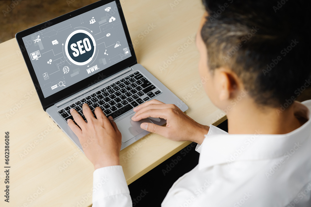 Poster seo search engine optimization for modish e-commerce and online retail business showing on computer 