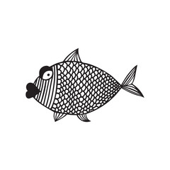 Stylized fishes. Aquarium fish. Ornamental fish. River fish. Sea fish. Children's drawing. Black and white drawing by hand. Line art. Set.