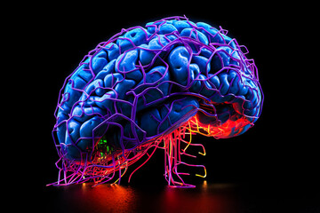 Brain abstract digital human brain. Neural network digital Electrical activity, flashes and lightning. Artificial brain, neon light abstract background.