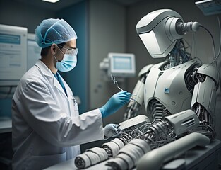 Ai Generated a humanoid robot interacting with New World