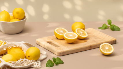 Whole and halves of yellow lemons on a wooden board. Juicy ripe lemons.