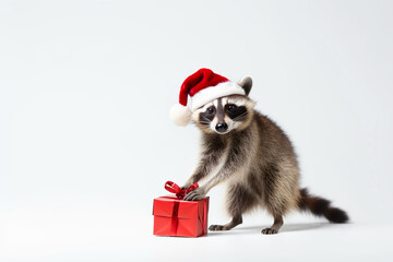Fototapeta na wymiar Cute raccoon in santa hat dances with red gift on white background. Merry Christmas concept. Generative AI