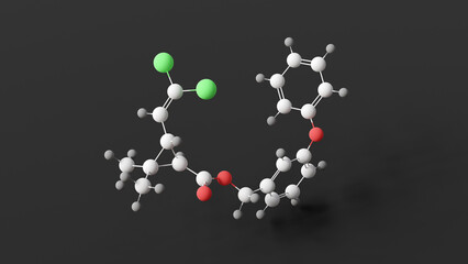 permethrin molecule, molecular structure, insecticide, ball and stick 3d model, structural chemical formula with colored atoms