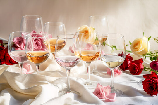 Romantic still life with different kind of wine in glasses on table with textile tablecloths with rosses on neutral grey background. Wine bar, winery, wine degustation concept. Generative ai
