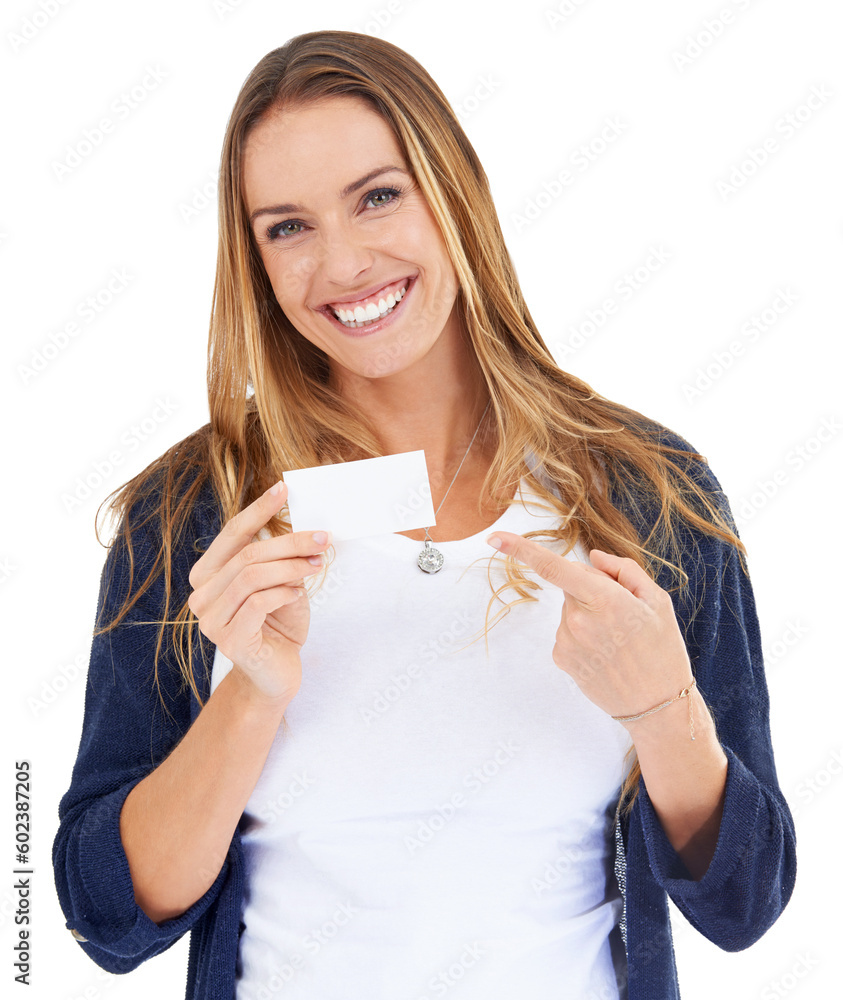 Sticker Business card, pointing and woman portrait isolated on a white background, mockup space and career advertising. Paper or ID mock up and model, entrepreneur or happy person with empty design in studio