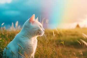 Cute pet cat goes to rainbow. Metaphor for pet's departure to afterlife. Generative AI illustration