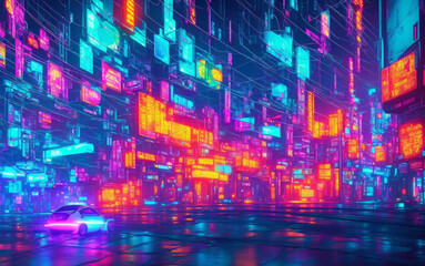 Futuristic glowing neon cyberpunk city street  perspective view background illustration created with generative AI technology