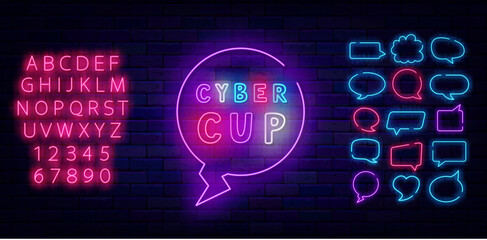 Cyber cup neon label. Speech bubbles frames set. Game design. Multicolored handwritten text. Vector illustration