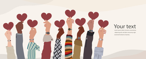 Group raised hands. Diverse people holding a heart. Charitable donation and volunteer work. Support and assistance. Multicultural and multiethnic community. People diversity. NGO. Aid