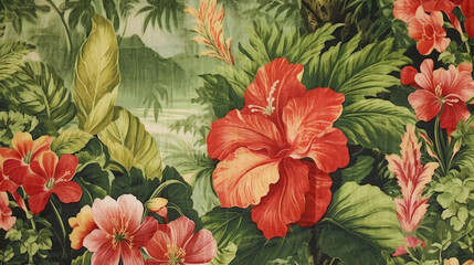 Vintage Hawaii wallpaper, retro floral pattern, Generative AI