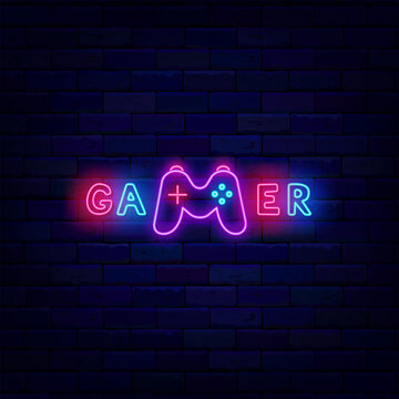 Gamer neon sign on brick wall. Light label. Inscription with joystick icon. Glowing advertising. Vector illustration