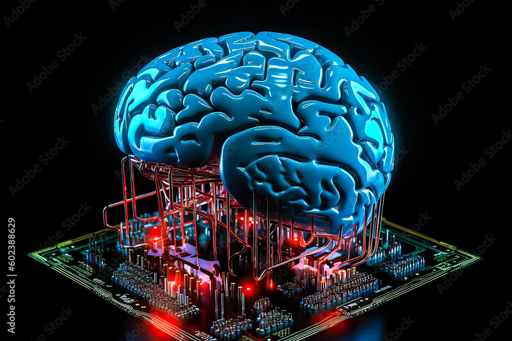 Poster ai chipset with human brain on computer circuit board. artificial intelligence, data mining, and dee