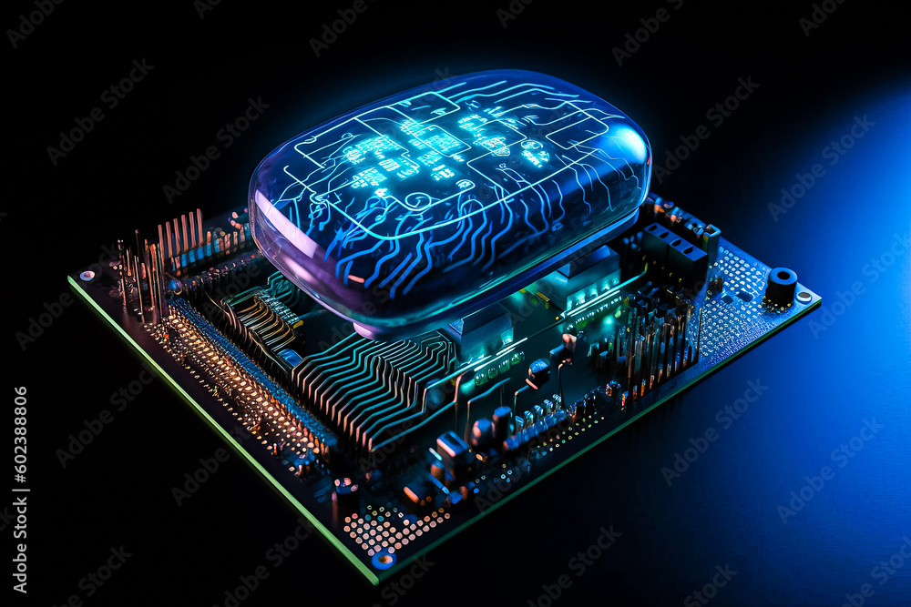 Poster ai chipset with human brain on computer circuit board. artificial intelligence, data mining, and dee