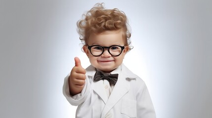 A happy baby dressed as a scientist posing with a thumbs up on a white studio background, Generative AI
