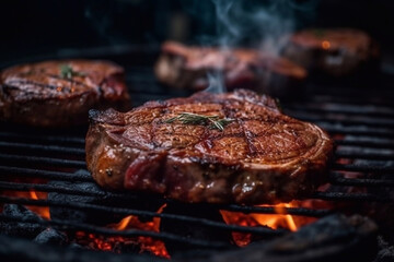 Juicy appetizing steaks on the grill. Smoke, fire. Grilled meat. Generative AI.