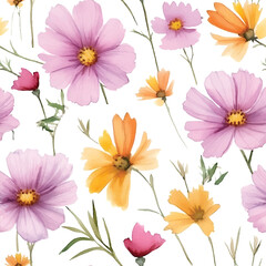 Seamless pattern with Cosmos floral plants. Seamless stylized watercolor flower pattern.
Tiled and tillable, Wallpaper, wrapping paper design, textile, scrapbooking, digital paper. illustration