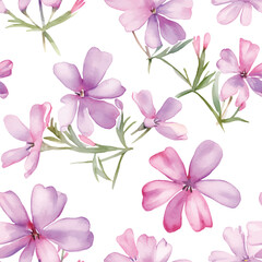 Obraz na płótnie Canvas Seamless pattern with PHLOX floral plants. Seamless stylized watercolor flower pattern. Tiled and tillable, Wallpaper, wrapping paper design, textile, scrapbooking, digital paper. illustration