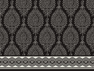FRACTAL ART DESIGN MONOCHROME ABSTRACT TILE BLOCK PRINT SEAMLESS PATTERN WITH BORDER IN VECTOR