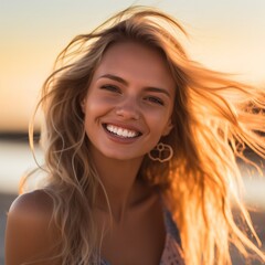 portrait of a beautiful smiling woman on the beach during sunset