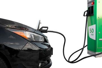 Charging an electric car at a charging station on a white background. Eco transport. Eco-friendly...