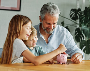 child money saving grandfather family coin senior grandchild bank piggybank  finance happy...