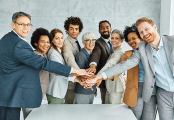 young business people meeting office portrait diversity teamwork group connection success holding hands unity senior mature colleague together