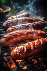 Appetitive grilled sausage on the flaming grill. Delicious crisp sausages. Space for text. Generative AI