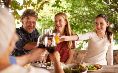 Family, group and wine glass for toast at table for celebration, food or friends at lunch event. Men, women or smile together to celebrate with alcohol, glasses or solidarity at party, dinner or home