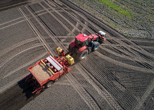 Traktor am wenden, mit einer Kartoffellegemaschine gefüllt mit Saatkartoffeln, auf einem Feld -  Luftbild