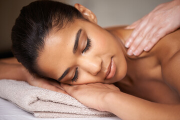 Obraz na płótnie Canvas Girl, eyes closed or hands for back massage in hotel to relax for zen resting or wellness physical therapy. Face of woman in salon spa for body healing, sleeping or natural holistic detox by masseuse