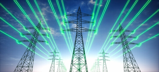 High voltage transmission towers with green glowing wires against blue sky - Green energy concept - 602391643