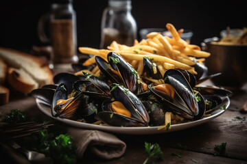 Mussels with french fries, close-up, Generative AI