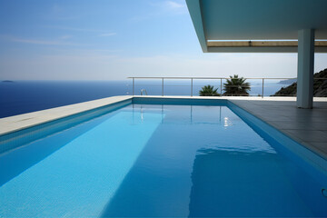 Obraz premium Modern swimming-pool with a sea view. Generative AI
