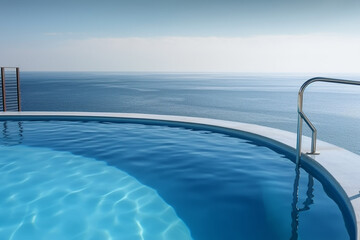 Beautiful swimming-pool with a sea view. Generative AI