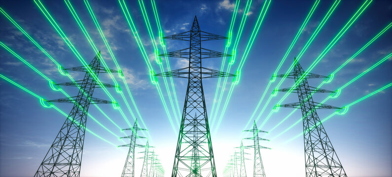 High voltage transmission towers with green glowing wires against blue sky - Green energy concept