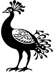 Vector illustration of a peacock in black and white, drawing of a beautiful bird