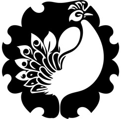 Vector illustration of a peacock in black and white, drawing of a beautiful bird