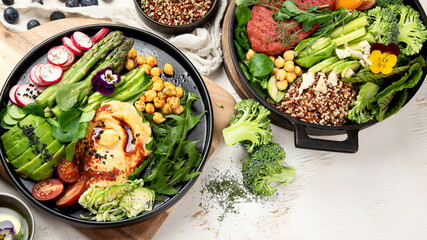 Healthy vegetarian and vegan  salads and Buddha Bowls with vitamins, antioxidants, protein on light  background.