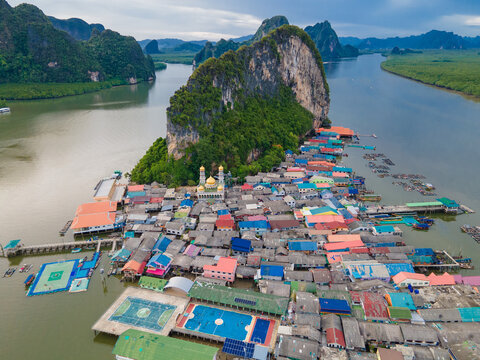 Beautiful landscape mosque sea and sky in summer at Punyi island, Ko Panyi or Koh Panyee, Muslim fisherman village