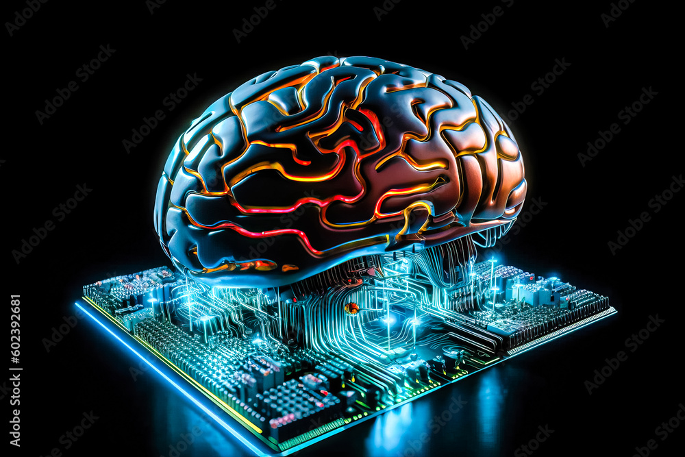 Poster ai chipset with human brain on computer circuit board. artificial intelligence, data mining, and dee