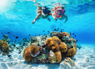 A mother and daughter snorkeling in tropical ocean over a colorful coral reef with fish during their summer vacations - obrazy, fototapety, plakaty