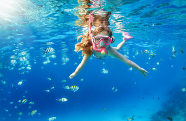 A little girl with mask and snorkel enjoys the underwater life of the tropical ocean wth colorful fishes in the Maldives