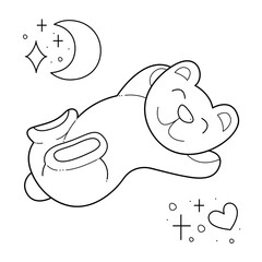 Cute bear is sleeping. Doodle black and white vector illustration.