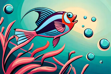  a happy, swimming fish, with soft, flowing shapes and a cool, refreshing color scheme