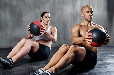 Medicine ball, health and fitness people doing bodybuilding workout, core muscle strength and gym...
