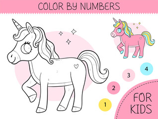 Color by numbers coloring page for kids with cute unicorn. Coloring book with cartoon unicorn with an example for coloring. Monochrome and color versions.