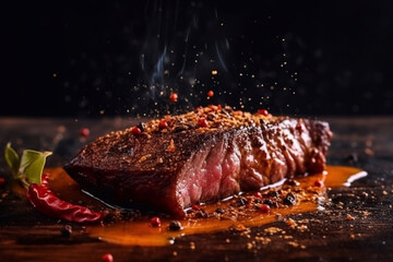 A piece of steak meat with spices on a grill grate. Smoke, fire. Grilled meat. Generative AI.