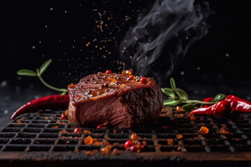 A piece of steak meat with spices on a grill grate. Smoke, fire. Grilled meat. Generative AI.