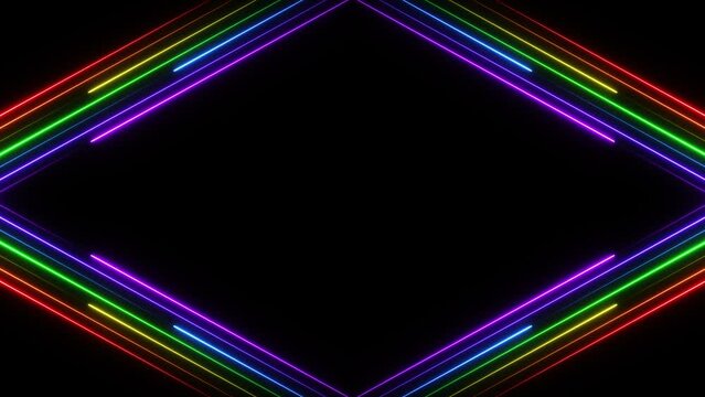 Abstract neon glowing laser lines on dark background. Rainbow colours beams. Geometric stripes line art design in retro style. Seamless loop video animation 4K